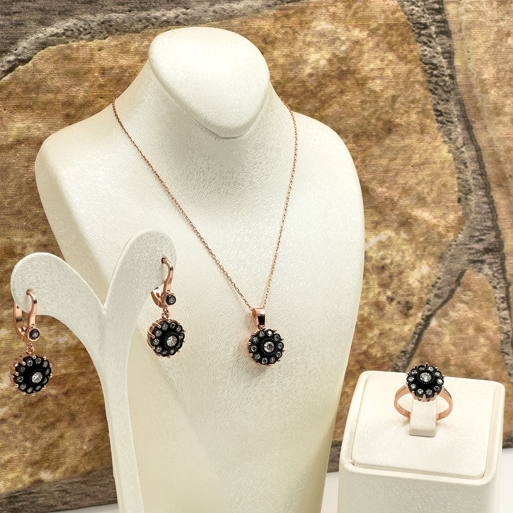 Elmas Montür Rosegold Gül Modeli Gümüş Set Takım