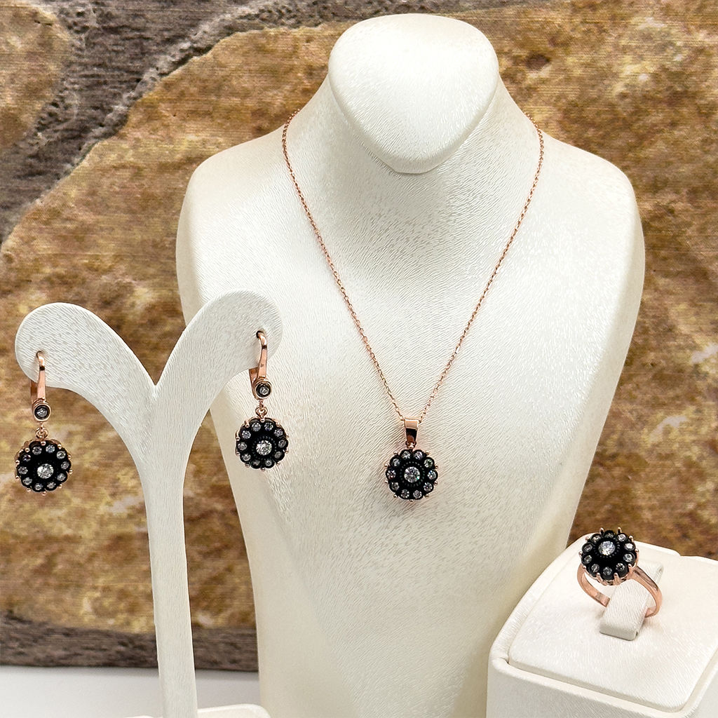 Elmas Montür Rosegold Gül Modeli Gümüş Set Takım