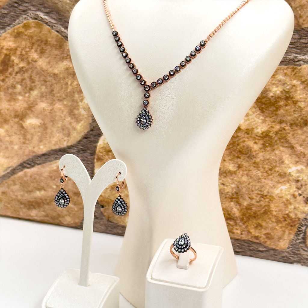 Elmas Montür Rosegold Damla Gümüş Set Takım - LVRSET11