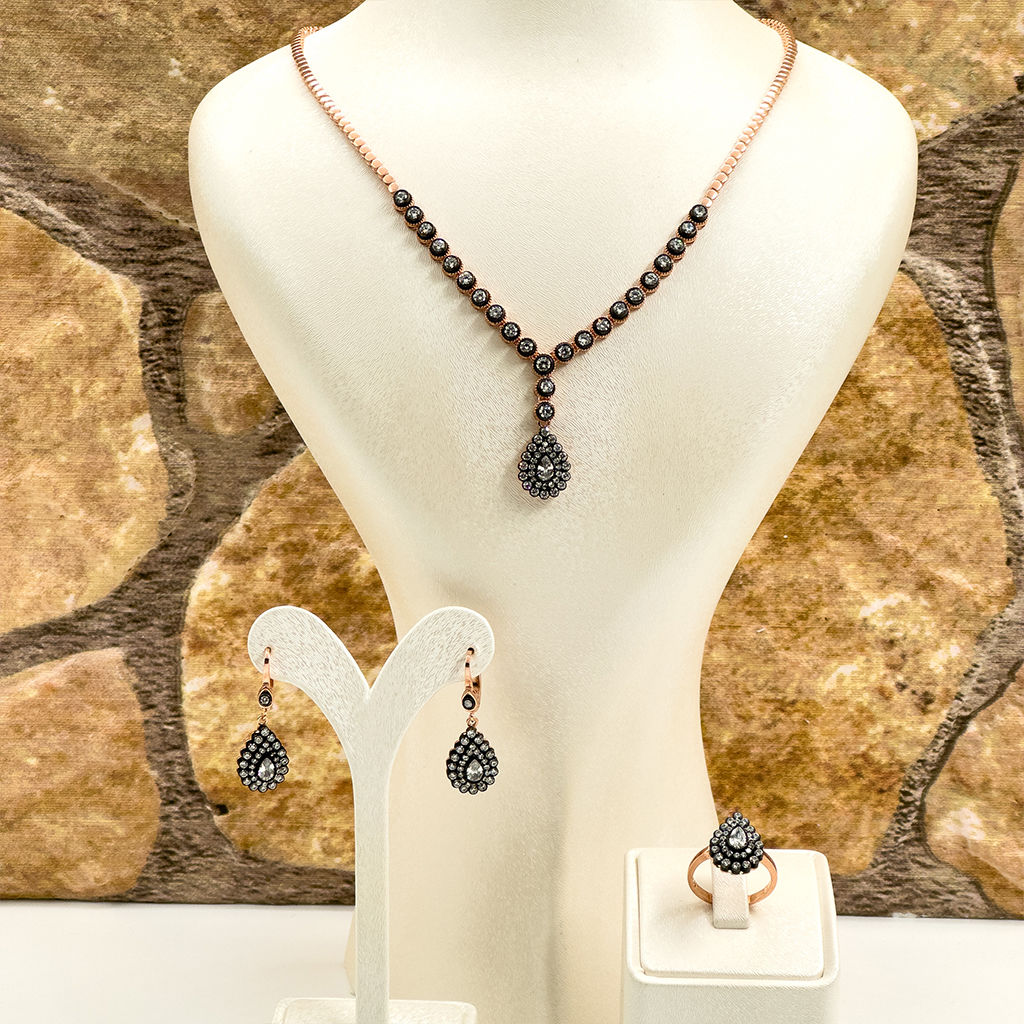 Elmas Montür Rosegold Damla Gümüş Set Takım - LVRSET11