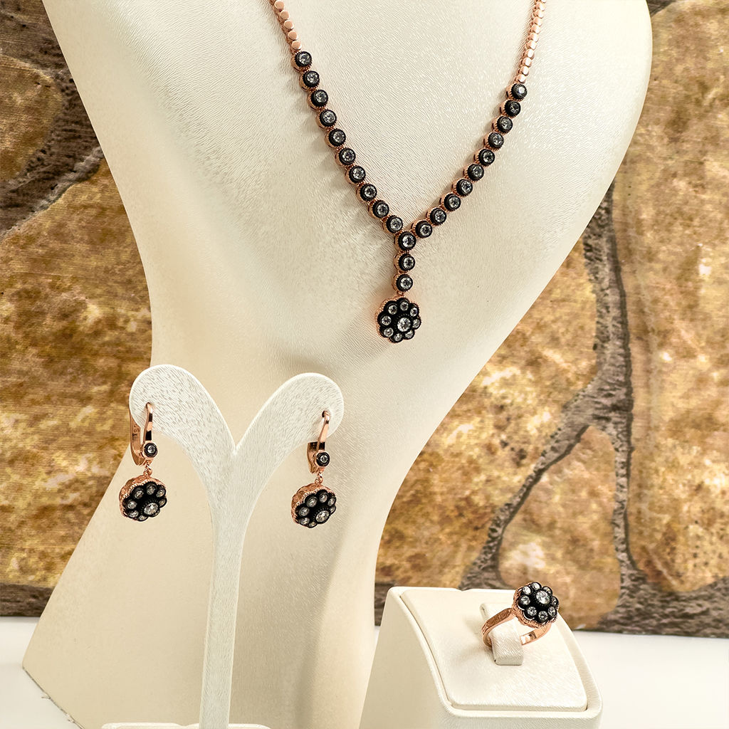 Elmas Montür Rosegold Klasik Gül Gümüş Set Takım