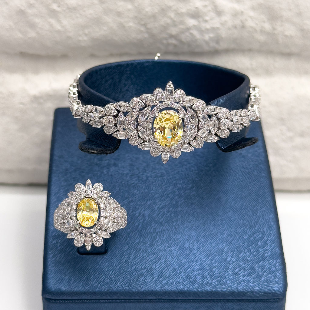 Pırlanta Montür Sitrin Taşlı 4'lü Gümüş Set Takım