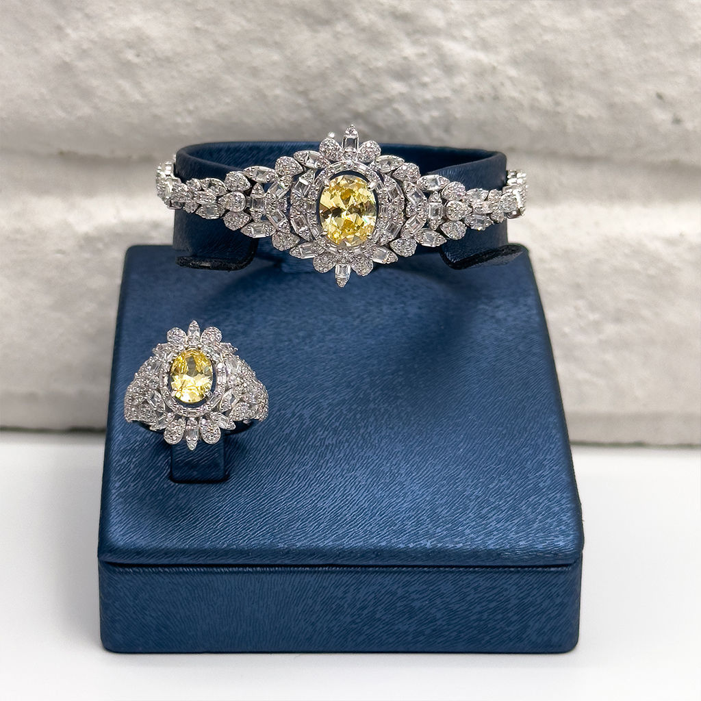 Pırlanta Montür Sitrin Taşlı 4'lü Gümüş Set Takım