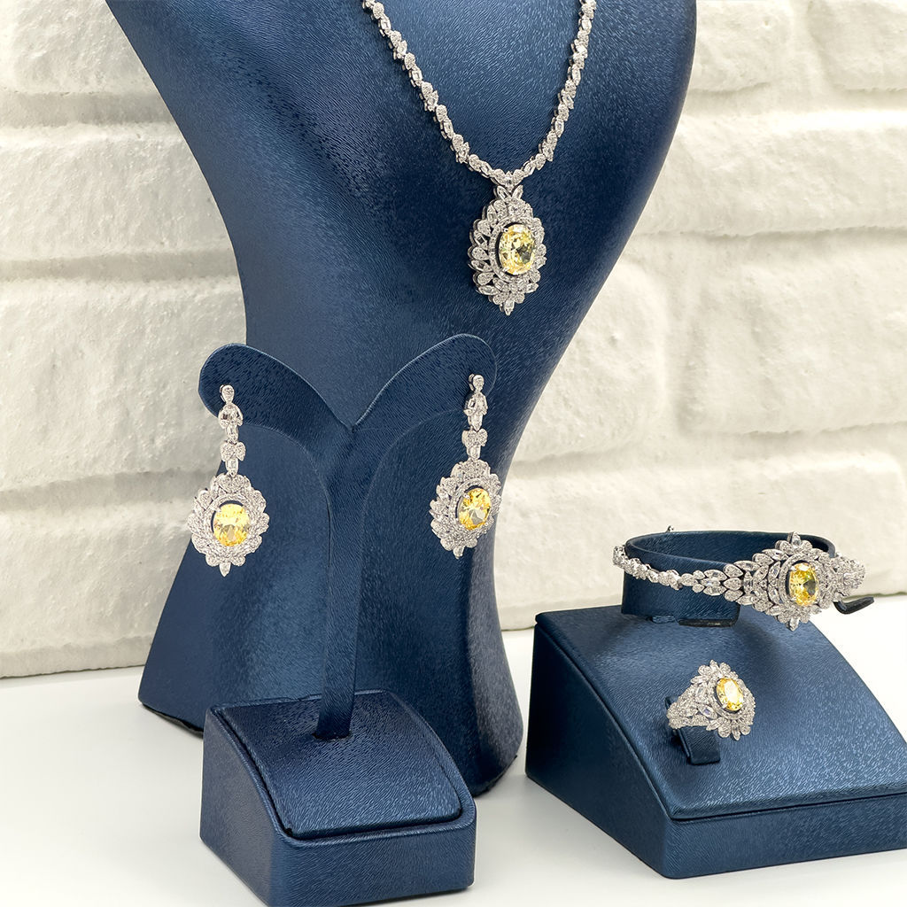 Pırlanta Montür Sitrin Taşlı 4'lü Gümüş Set Takım