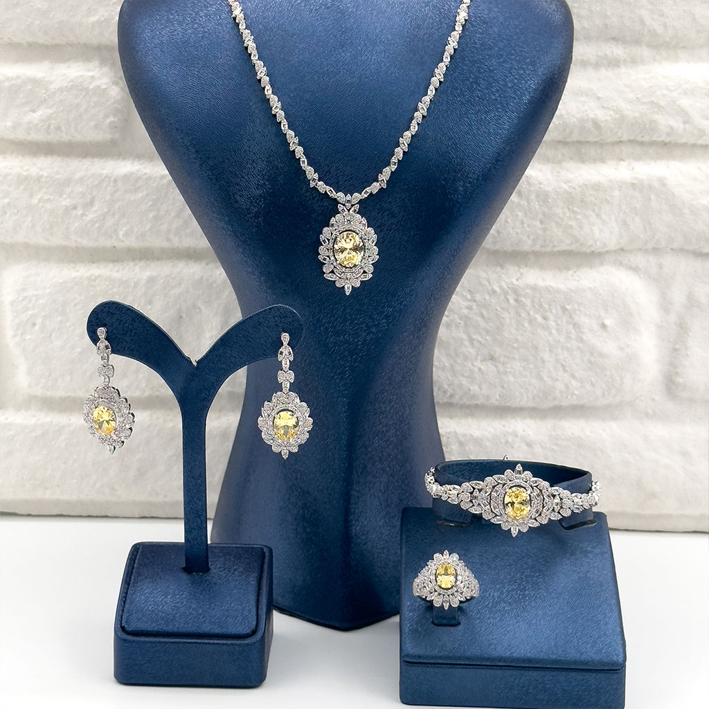 Pırlanta Montür Sitrin Taşlı 4'lü Gümüş Set Takım