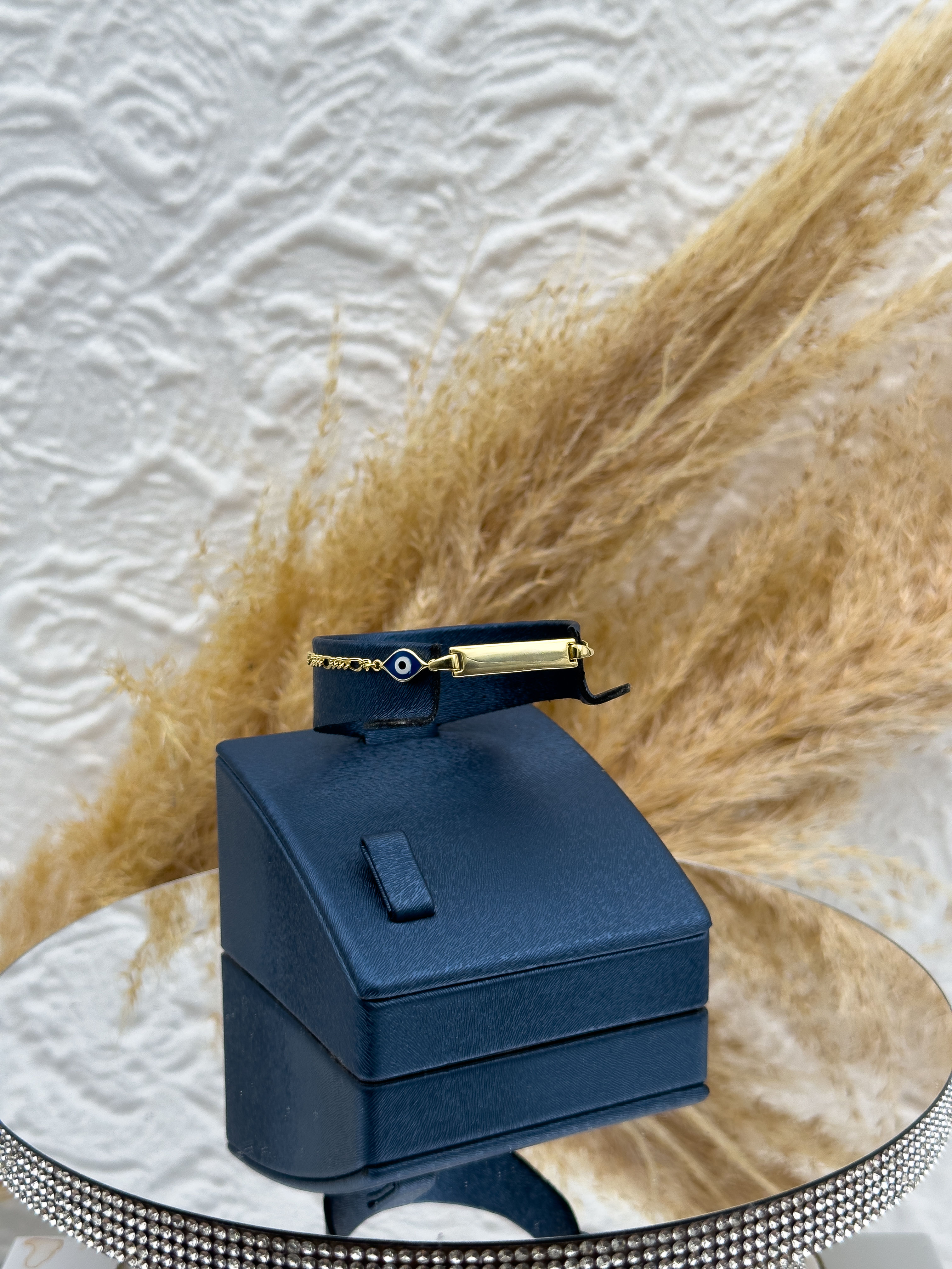 925 Ayar Gümüş Gold Renk İsim Yazılabilir Çocuk Künye – Kişiye Özel Nazar Boncuklu Çocuk Bileklik