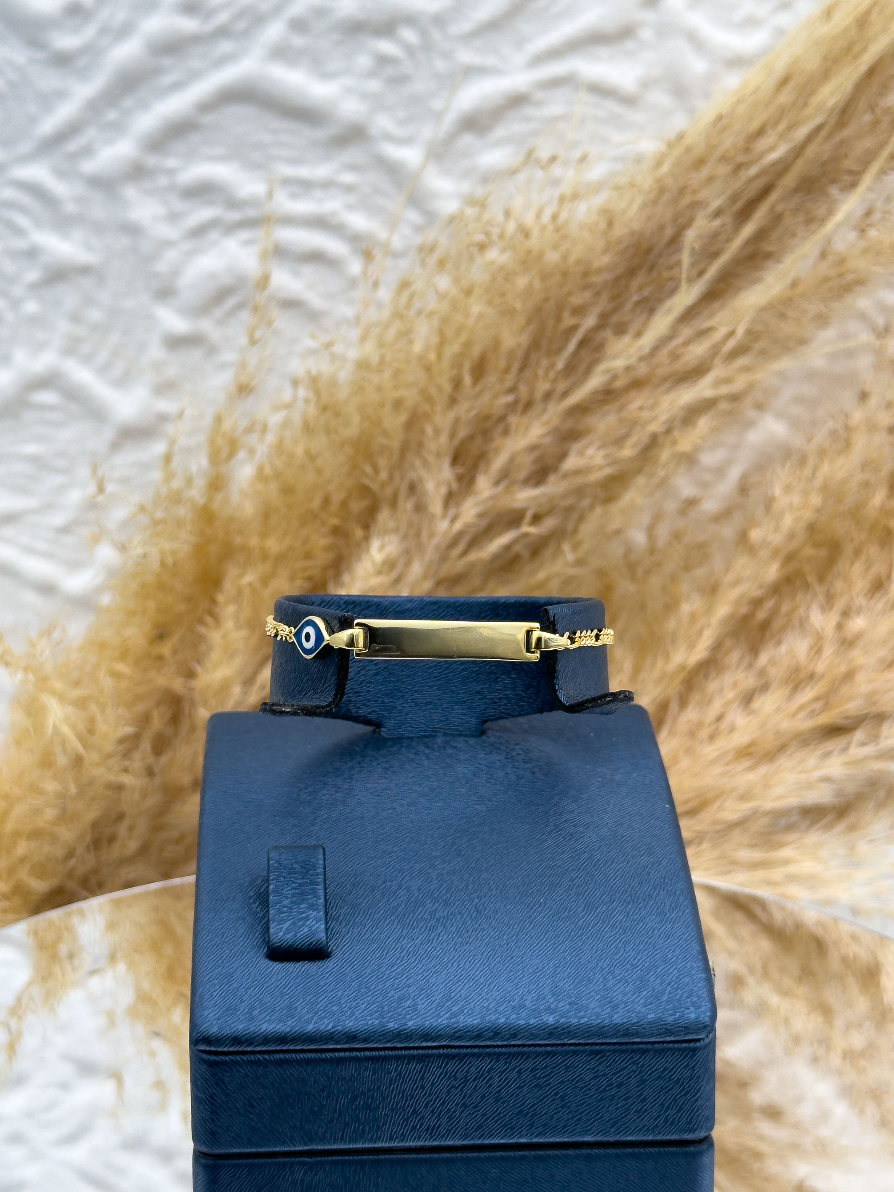 925 Ayar Gümüş Gold Renk İsim Yazılabilir Çocuk Künye – Kişiye Özel Nazar Boncuklu Çocuk Bileklik