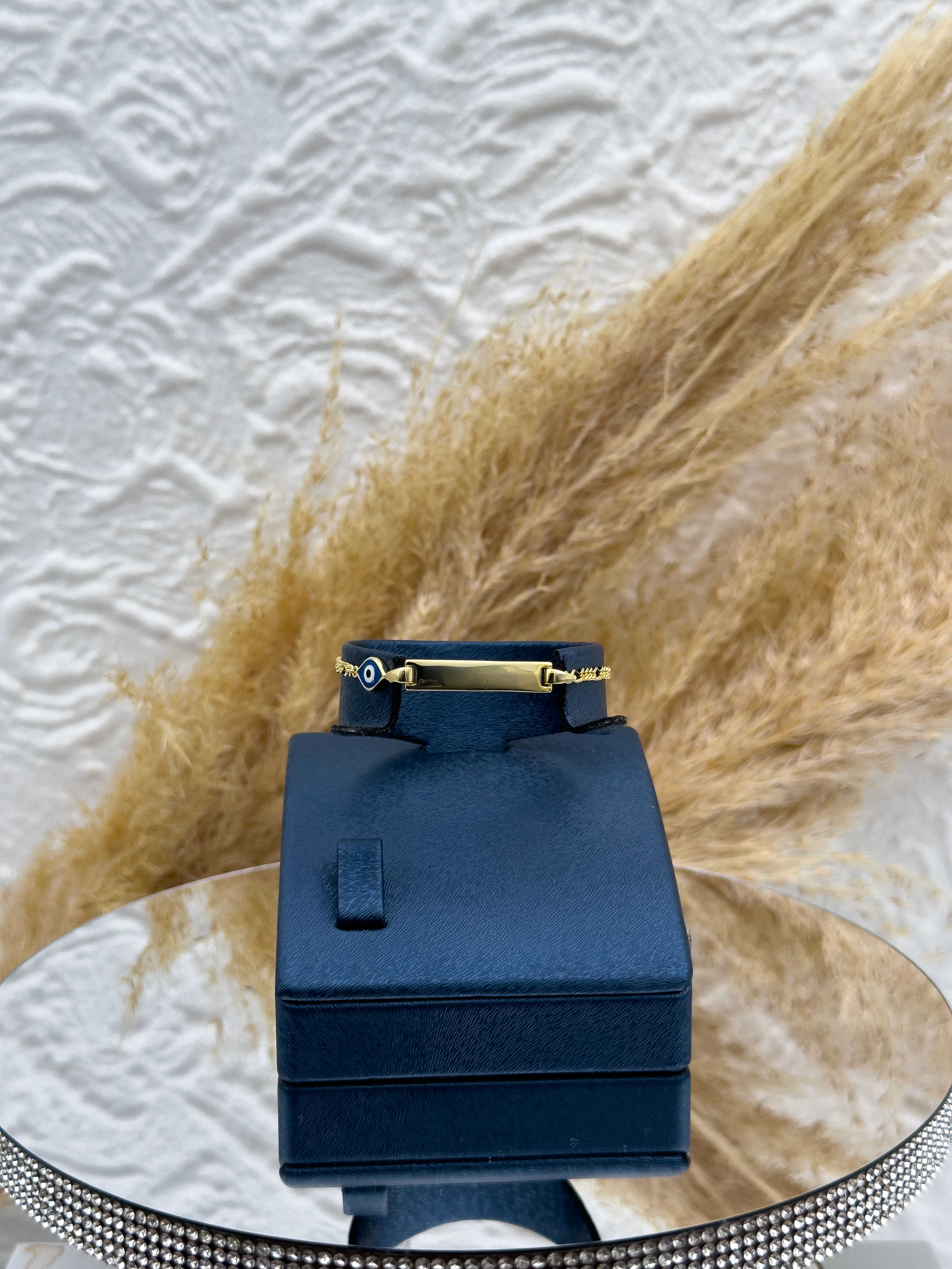 925 Ayar Gümüş Gold Renk İsim Yazılabilir Çocuk Künye – Kişiye Özel Nazar Boncuklu Çocuk Bileklik