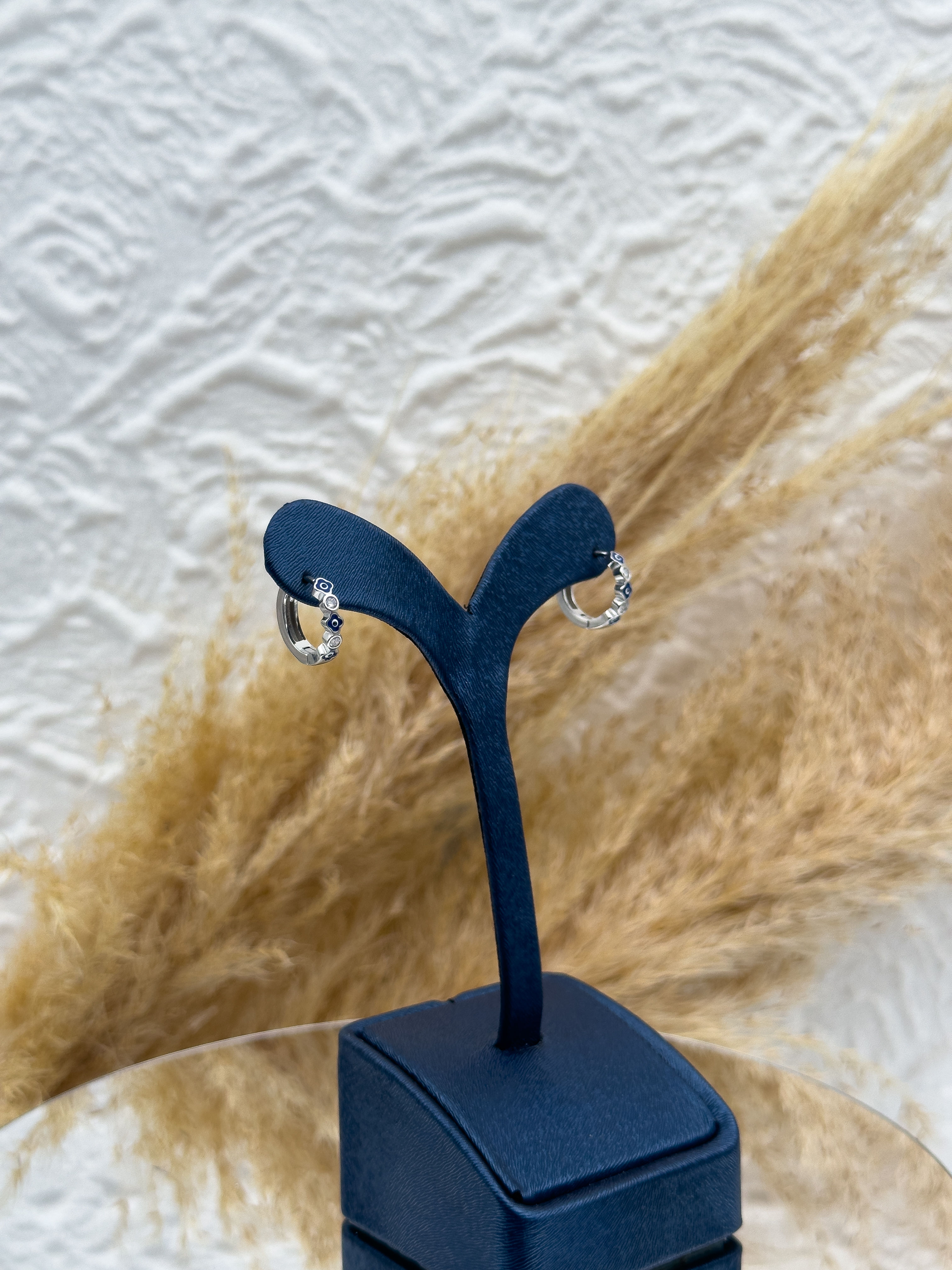 925 Ayar Gümüş Mineli Nazar Boncuklu Zirkon Taş Detaylı İnce Spor Halka Küpe