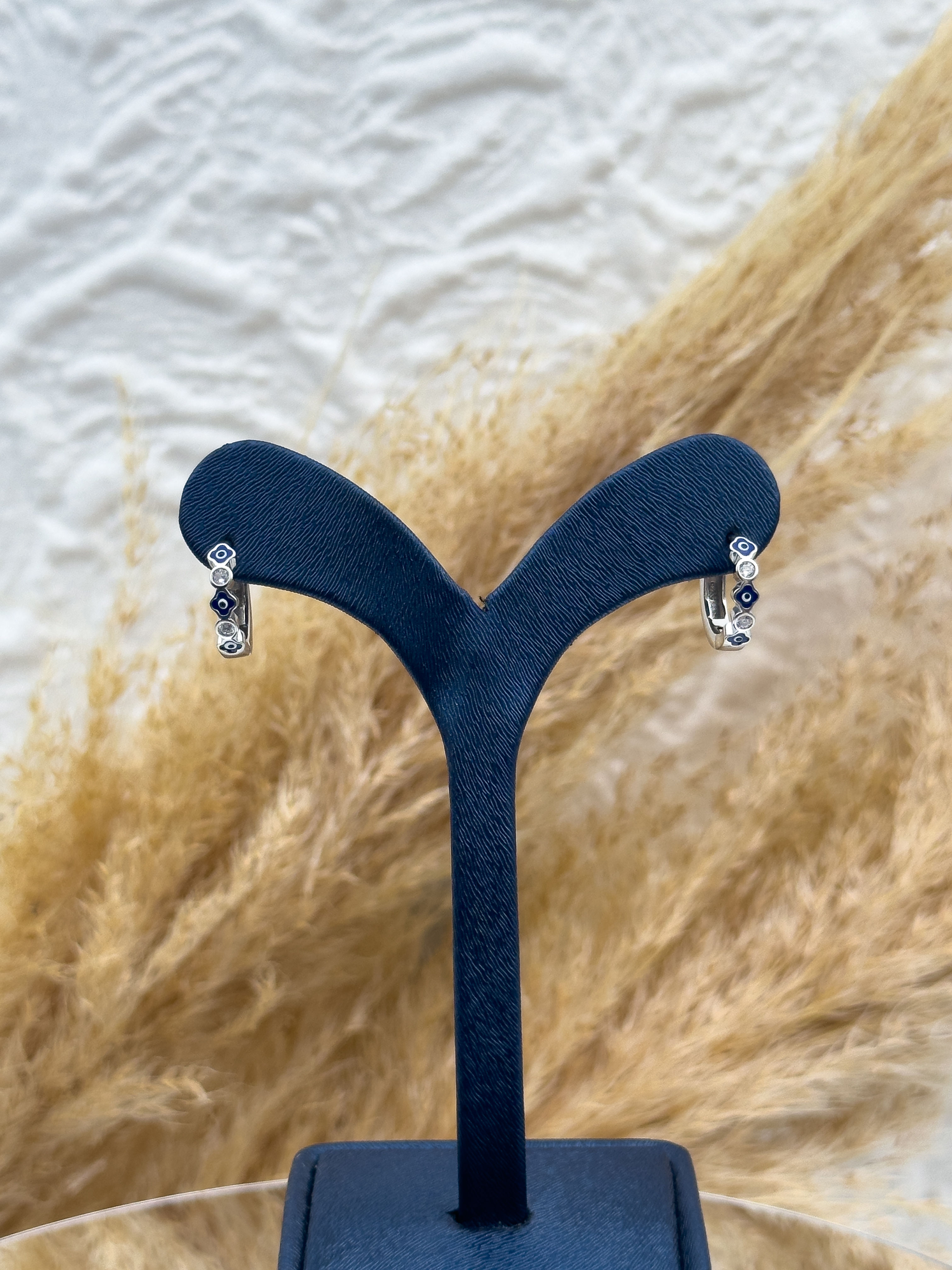 925 Ayar Gümüş Mineli Nazar Boncuklu Zirkon Taş Detaylı İnce Spor Halka Küpe