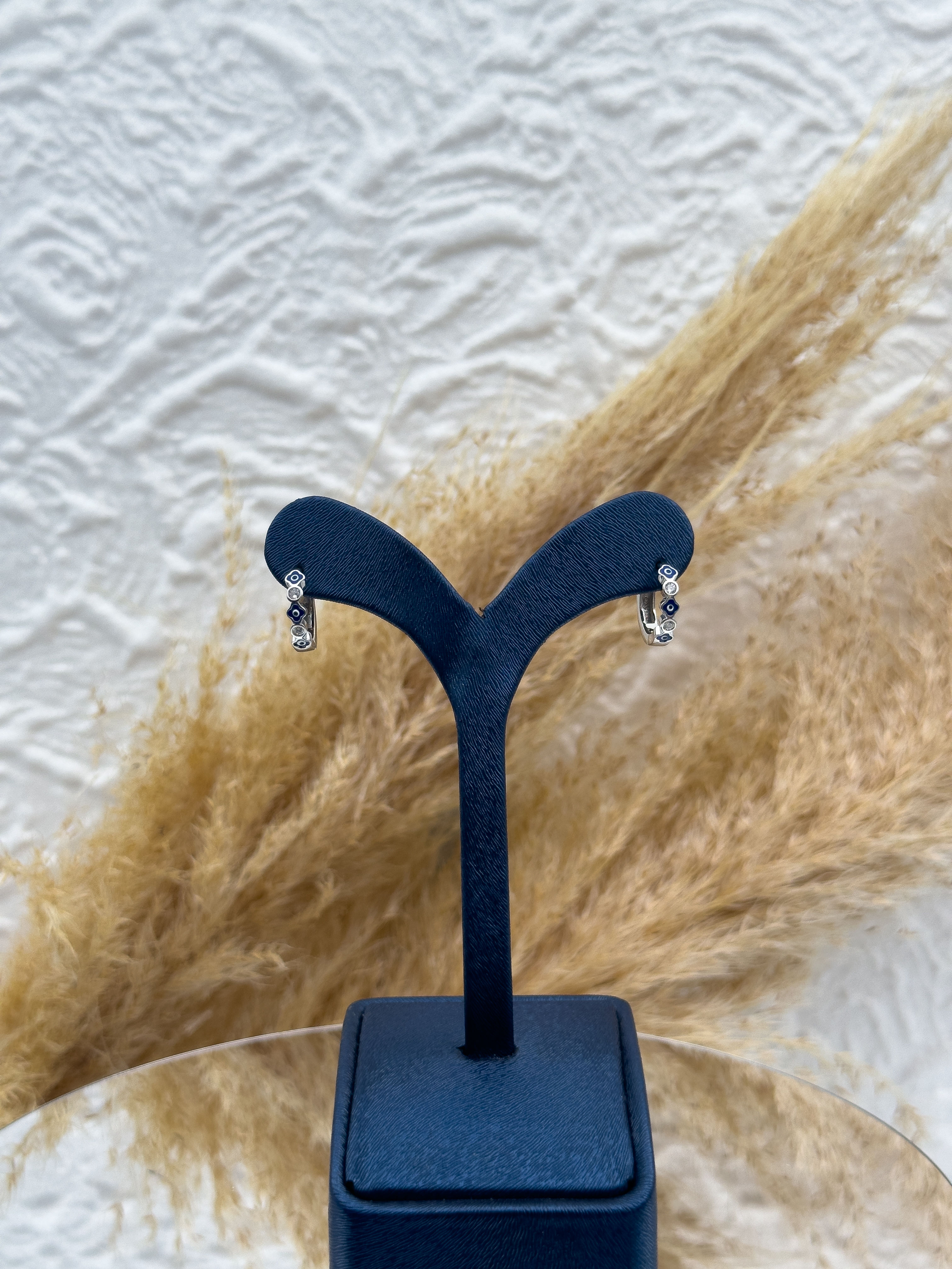 925 Ayar Gümüş Mineli Nazar Boncuklu Zirkon Taş Detaylı İnce Spor Halka Küpe