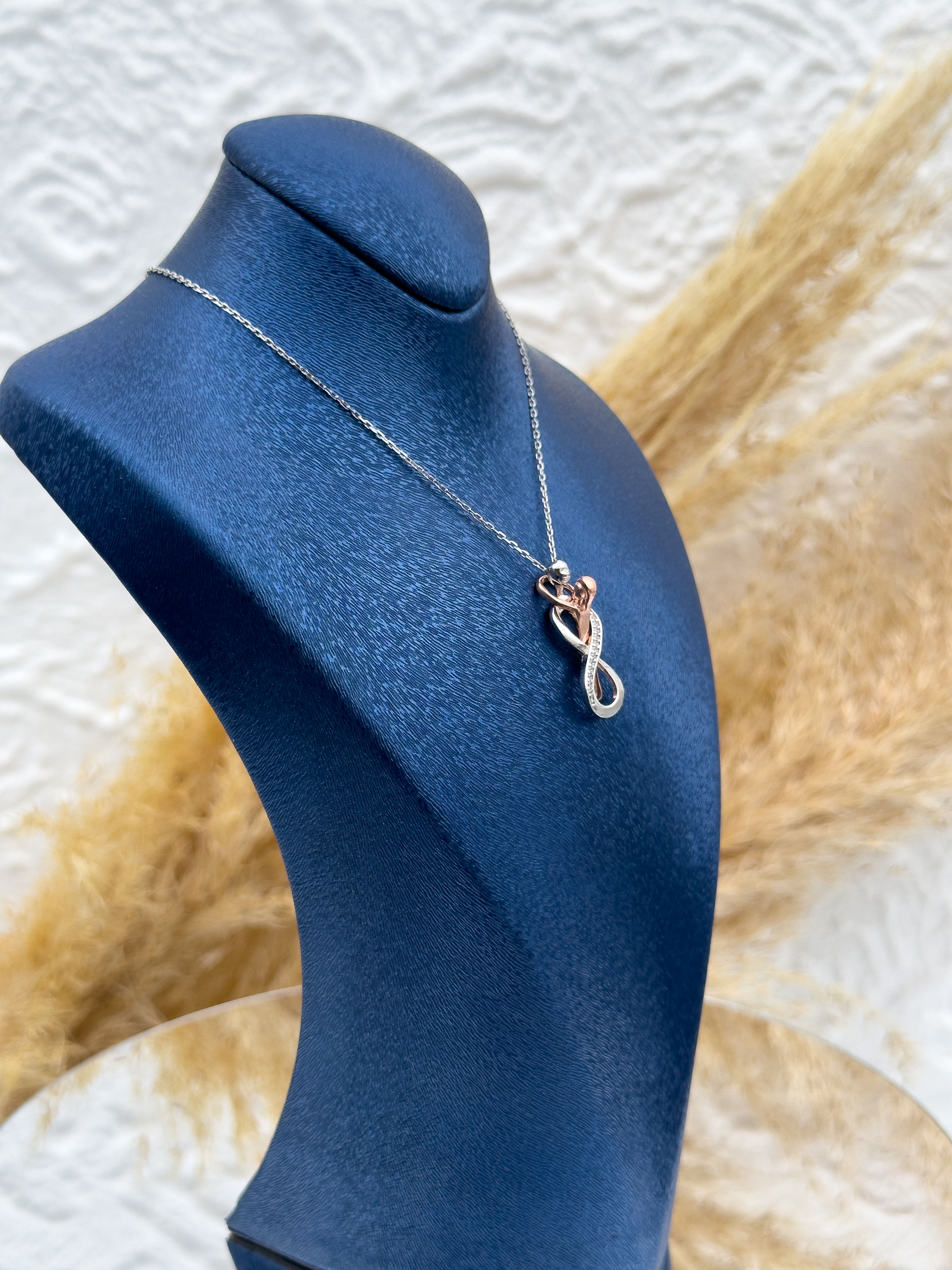 925 Ayar Gümüş Rose & Beyaz Özel Tasarım Sonsuzluk Kolye – Taşlı Zarif Kadın Kolye