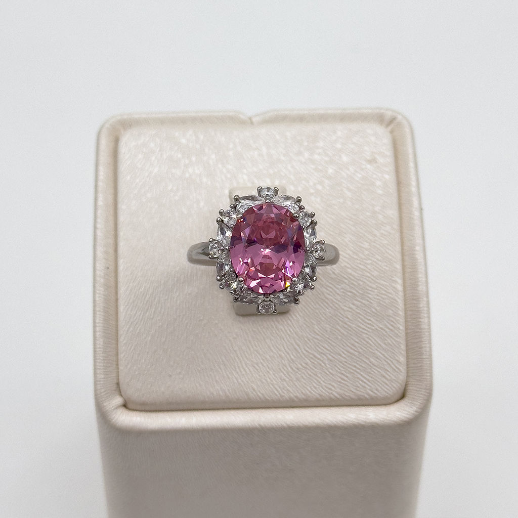 Pırlanta Montür Oval Pembe Kuvars Gümüş Yüzük