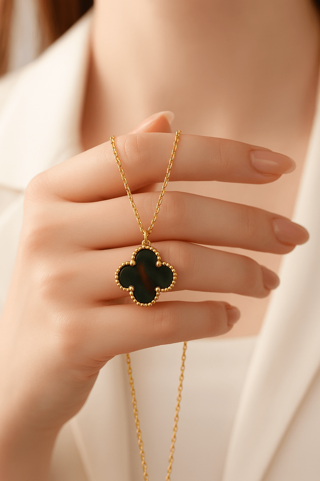 Gold Renk Hematit Taşlı Gümüş Kolye